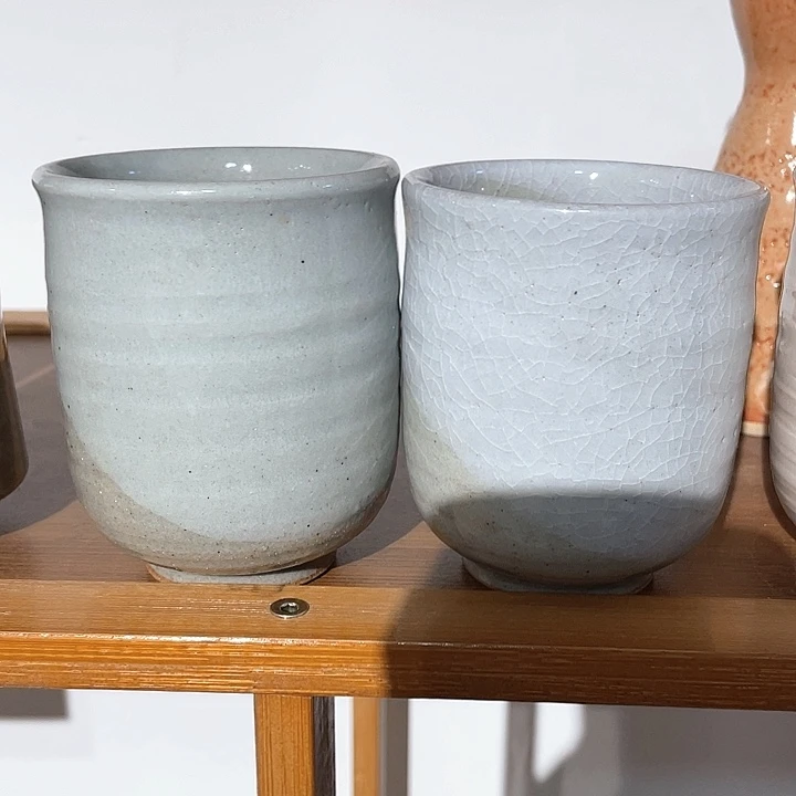 紫砂第63号，全新松字款粗陶粉引对杯