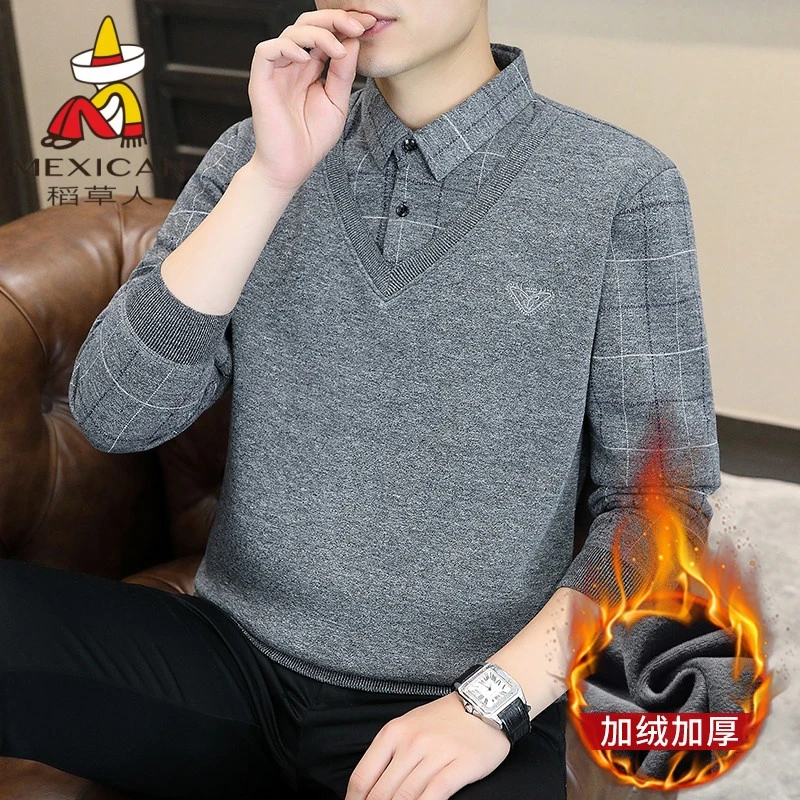 稻草人翻领男士针织衫潮流保暖韩版毛衣中老年上装高档休闲打底衫