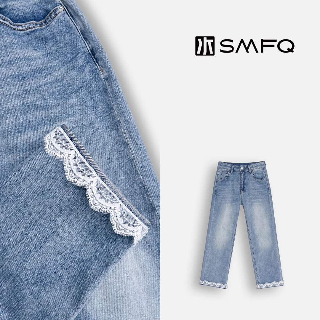 水木夫妻”纤纤细腿“蕾丝拼接牛仔春夏显瘦九分牛仔百搭烟管裤