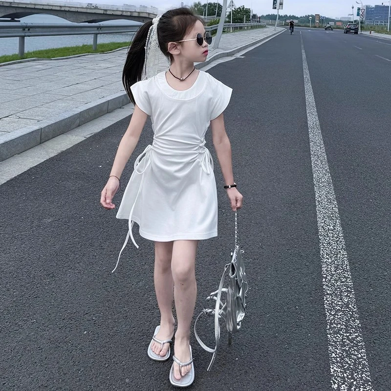 女童夏裙子2025新款韩系抽绳连衣裙中大童收腰显瘦A字裙T恤裙子潮