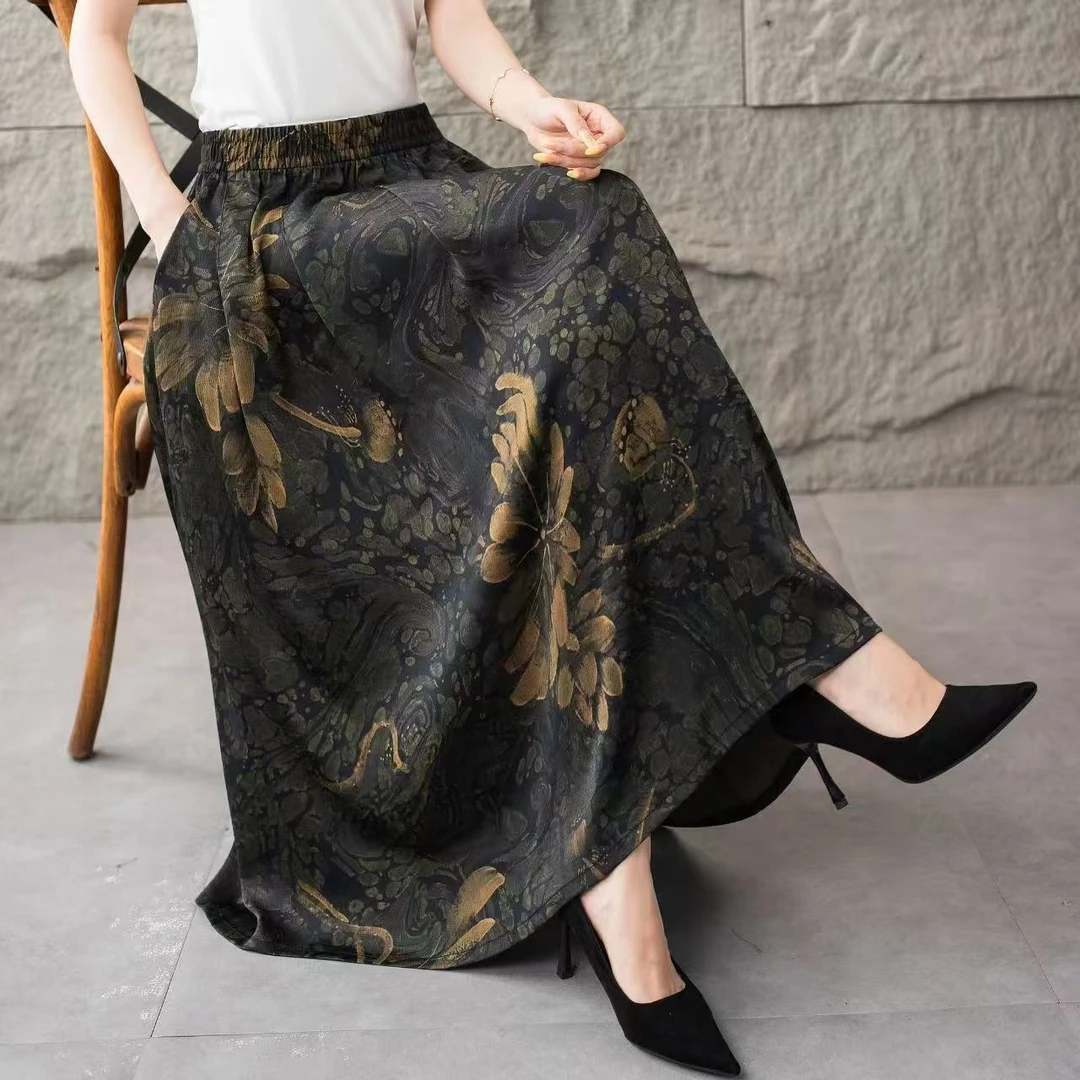 夏季真皱缎裙高腰显瘦大摆裙气质百搭中年妈妈裙