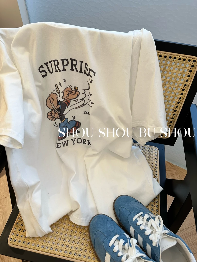 【瘦瘦】菠菜大力-大码夏季百搭休闲宽松卡通印花全棉短袖T恤S01430