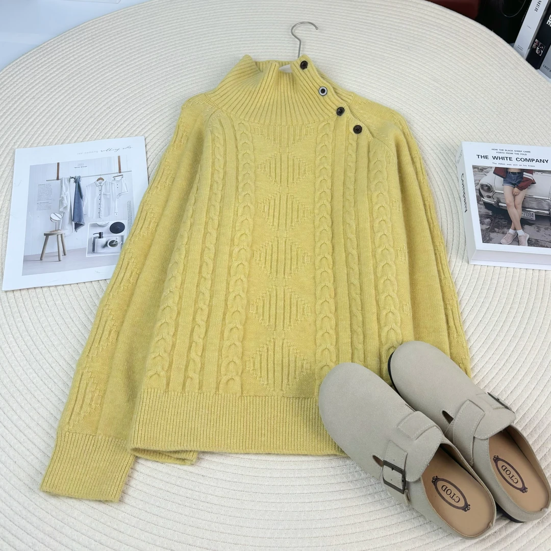 玲姐定制-不规则翻领斜门襟高领纯色简约气质针织毛衣299328 Q56