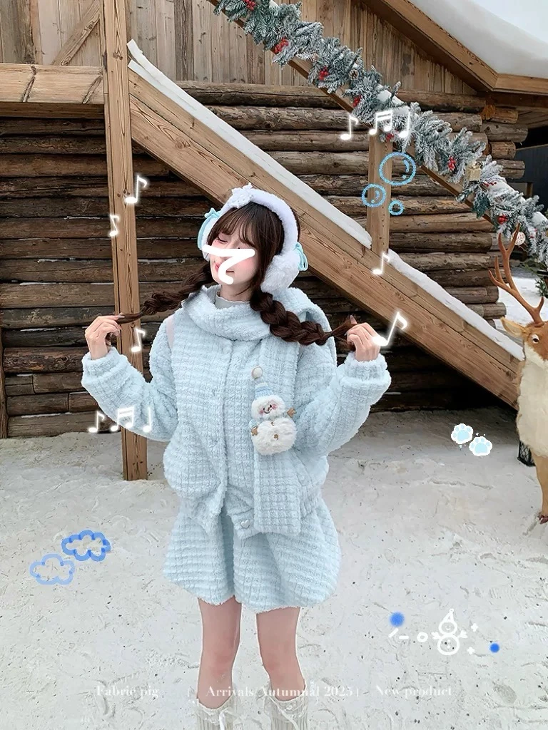 秋冬款可爱甜美风加绒连帽棉服女秋冬毛绒保暖套装