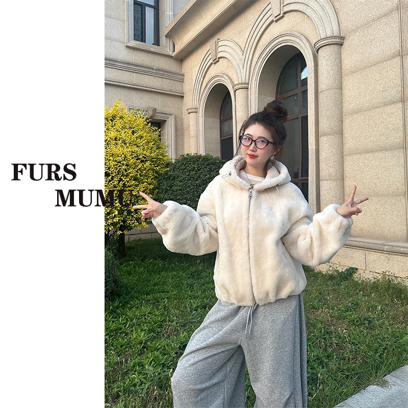 【MUMU】进口美利奴羊皮毛一体外套女短款连帽秋冬新款皮草大衣