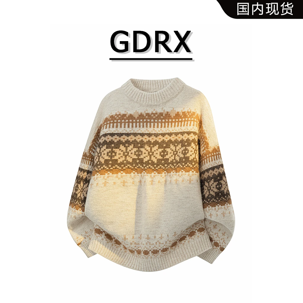 GDRX民族风几何图案男款毛衣2025秋季新款套头休闲针织衫男装上衣