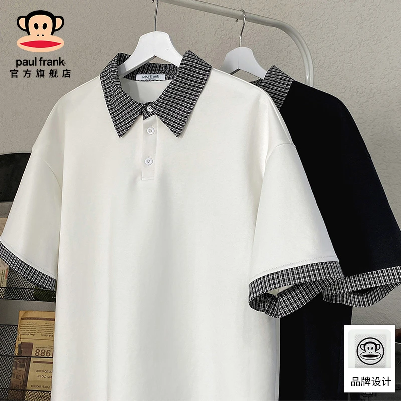 Paul Frank/大嘴猴拼色翻领高级感短袖polo衫男士夏季宽松休闲T恤