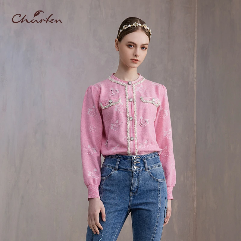 CHARFEN朝峰秋季浪漫玫瑰提花开衫毛织上衣CFE3B229-2060C