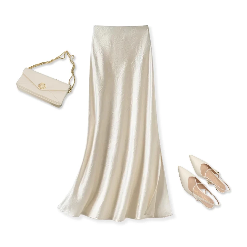 拉夏贝尔修身醋酸缎面半身裙女2025新款气质高腰一步包臀鱼尾裙子