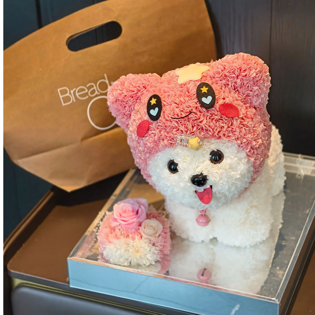 《L B D R》西高地粉色可爱帽子狗狗 永生花礼物