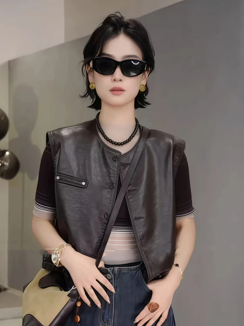 机车马甲2025早秋气质简约圆领单排扣下摆松紧叠穿无袖马甲上衣潮