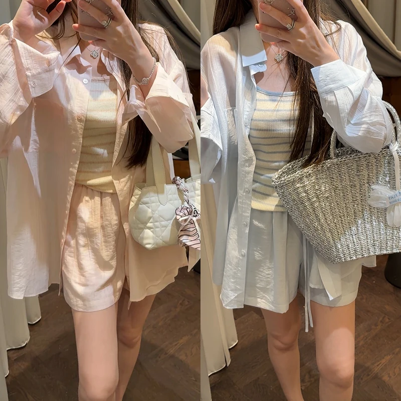 【mimius】琳琳 韩系慵懒风宽松背心衬衫短裤套装 G03521