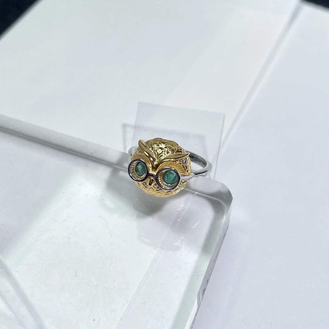 祖母绿猫头鹰戒指s925分色镶 KT25021812