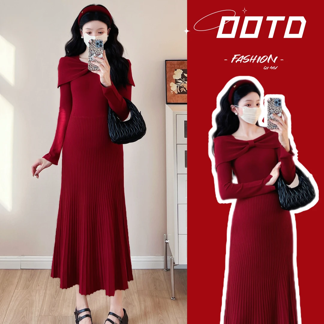 孕妇装秋季爆款孕妇秋冬优雅气质别致纯欲性感显瘦针织连衣裙春秋