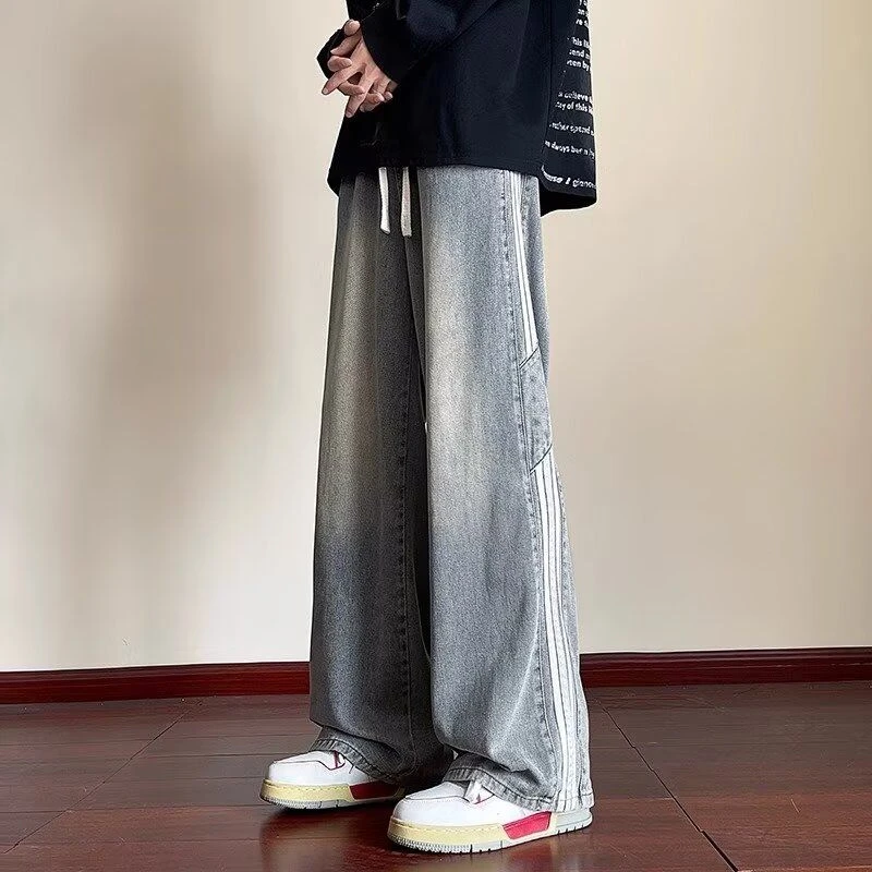 阔腿秋季长裤男士美式复古水洗抽绳牛仔裤直筒裤ins百搭宽松高街
