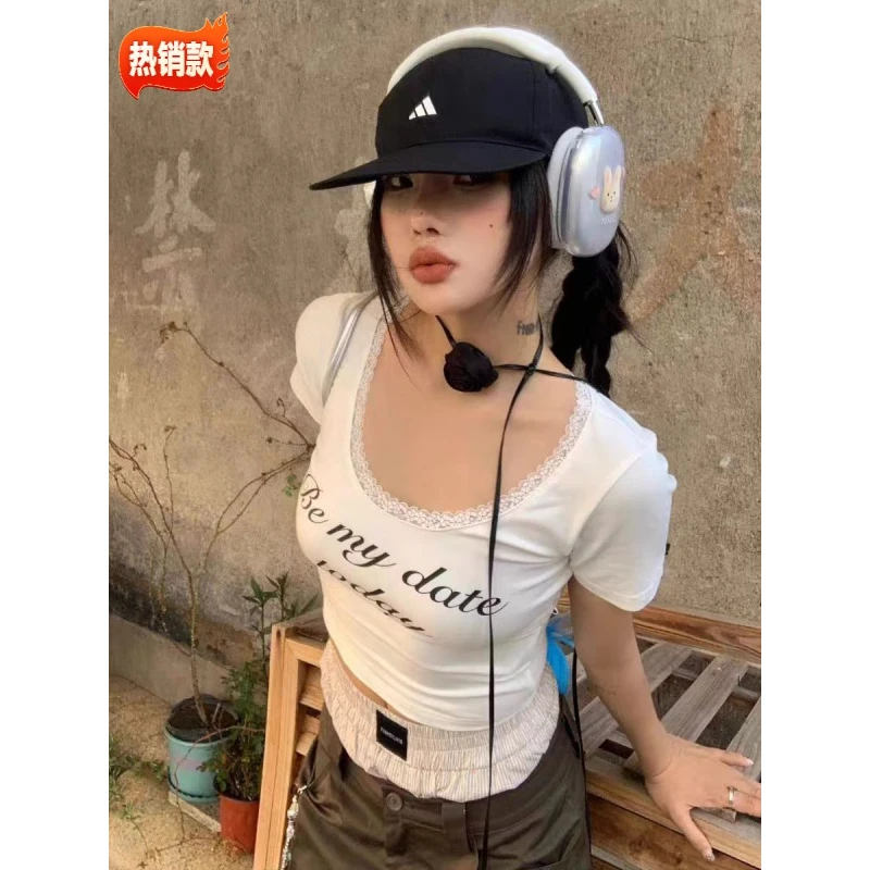 辣妹露腰短款蕾丝花边印花短袖T恤女夏2025新款洋气小个子上衣女