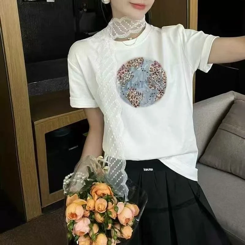 91128夏季新款时尚重工刺绣字母百搭短袖T恤女