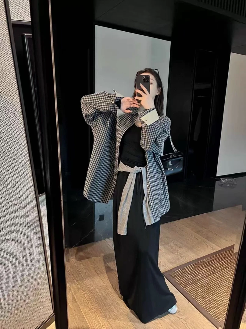 时尚百搭气质衣服早秋撞色袖口中长款棉质格子衬衫外套女AW25254