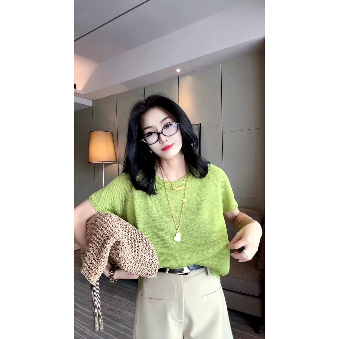 洋气休闲简约减龄纯色套头设计卷边领针织半袖
