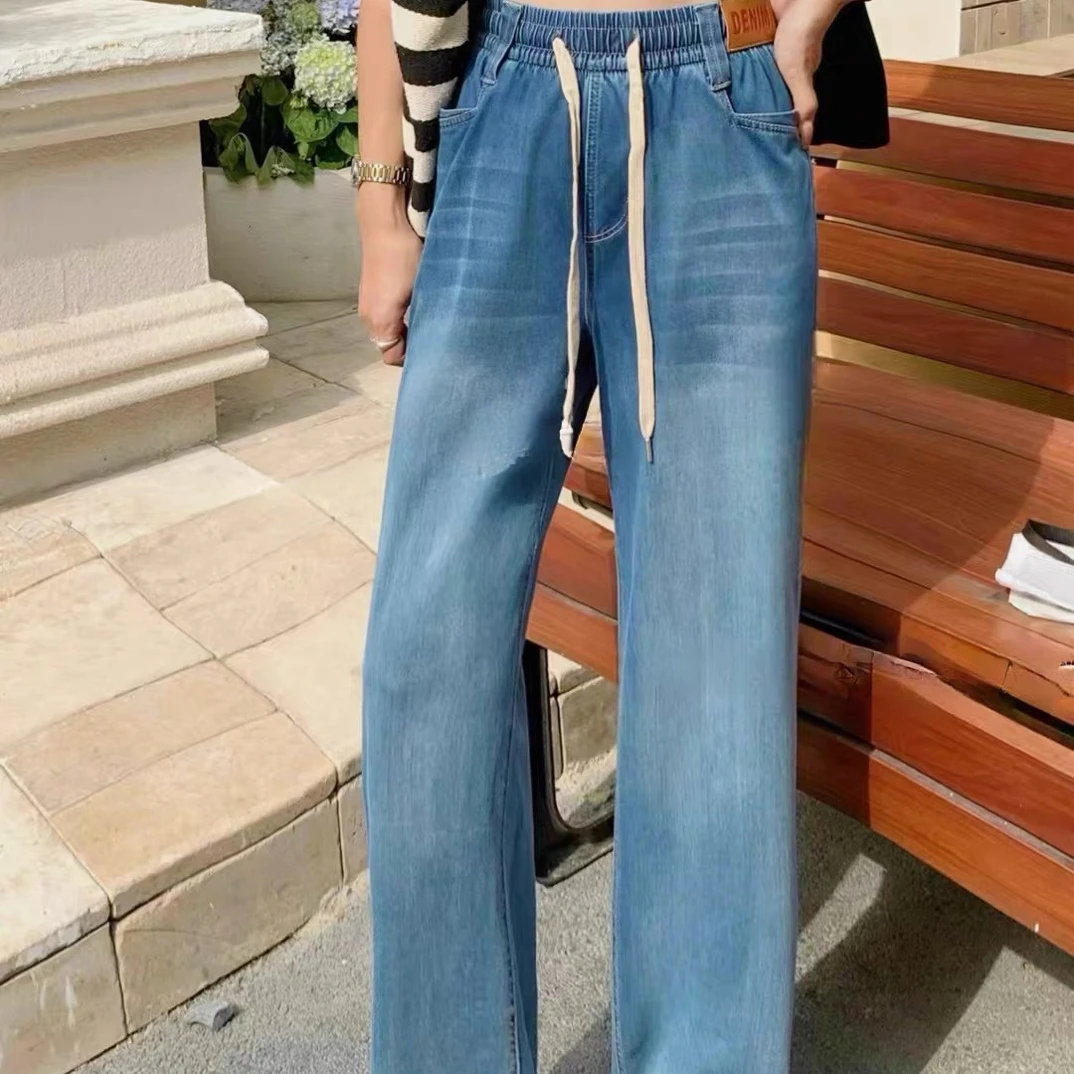 夏季女士高腰显瘦窄版直筒水洗牛仔裤