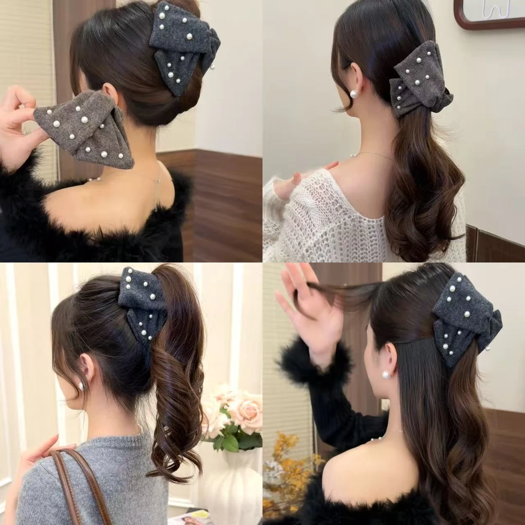 新款毛绒珠珠三角抓夹高级感百搭鲨鱼夹后脑勺发卡马尾夹优雅发饰