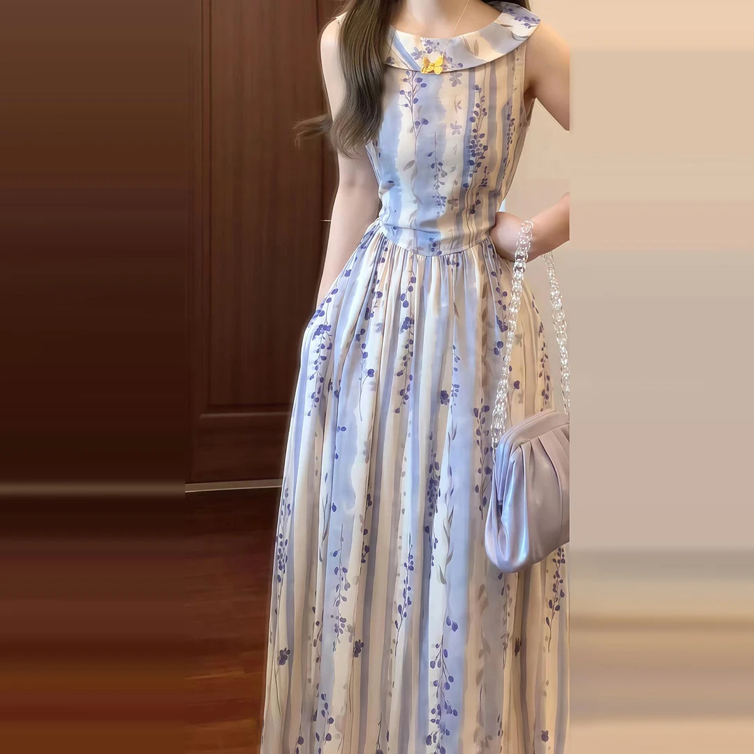 4766法式复古无袖连衣裙子女夏2025年新款高级感收腰气质绝美长裙