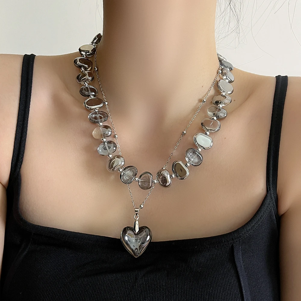 铜合金仿水晶项链 不规则串珠爱心项链高级感双层叠戴锁骨链颈链