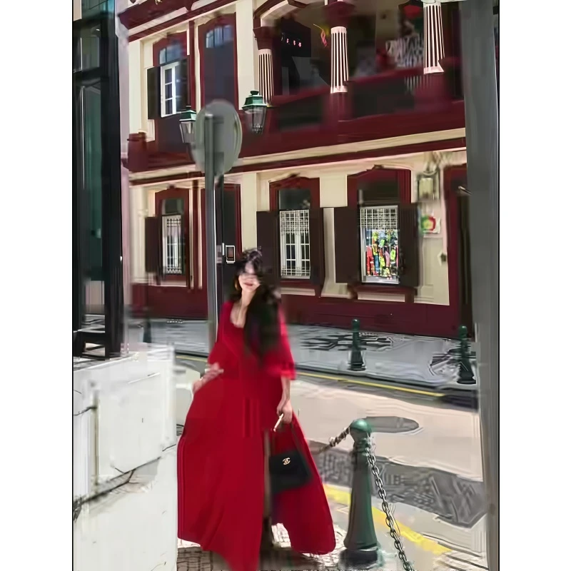 御姐风方领长袖连衣裙女2025秋季新款收腰开叉设计感修身a字长裙