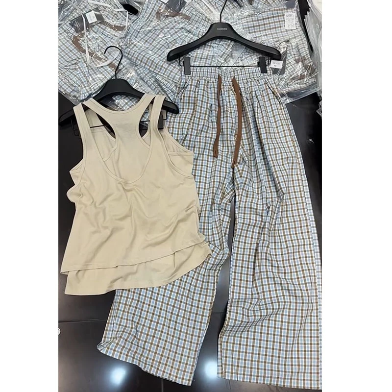 韩系减龄ins风2025夏季辣妹风洋气休闲假两件背心蓝色格子裤套装