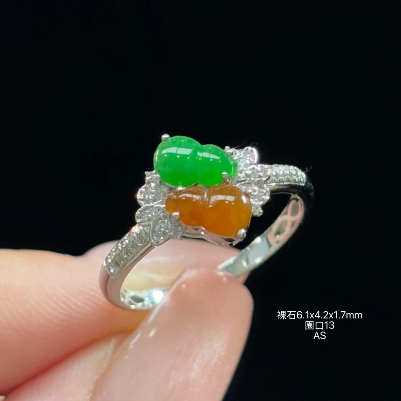 18K金镶嵌缅甸天然翡翠A货冰双彩葫芦设计款戒指AS (下单咨询客服
