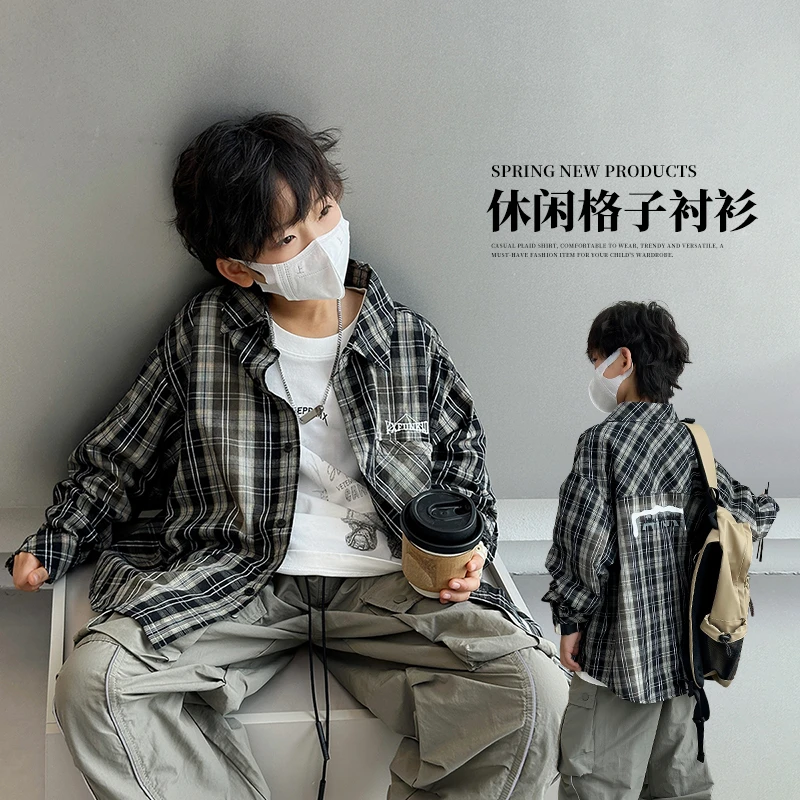 男童衬衫春秋款儿童格子衬衣2025新款男孩长袖上衣帅气中大童春装