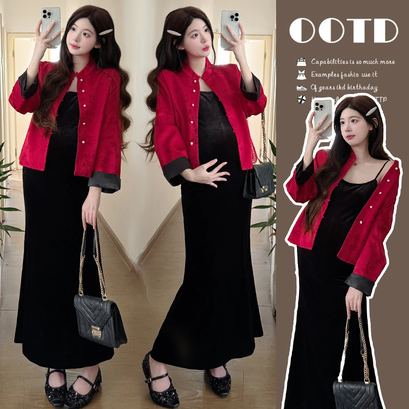 孕妇套装秋冬新款新中式中国红国风外套+金丝绒吊带裙气质两件套