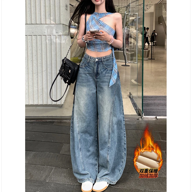 加绒水洗弯刀牛仔裤女2025冬季新款高腰宽松显瘦痞帅阔腿裤女款