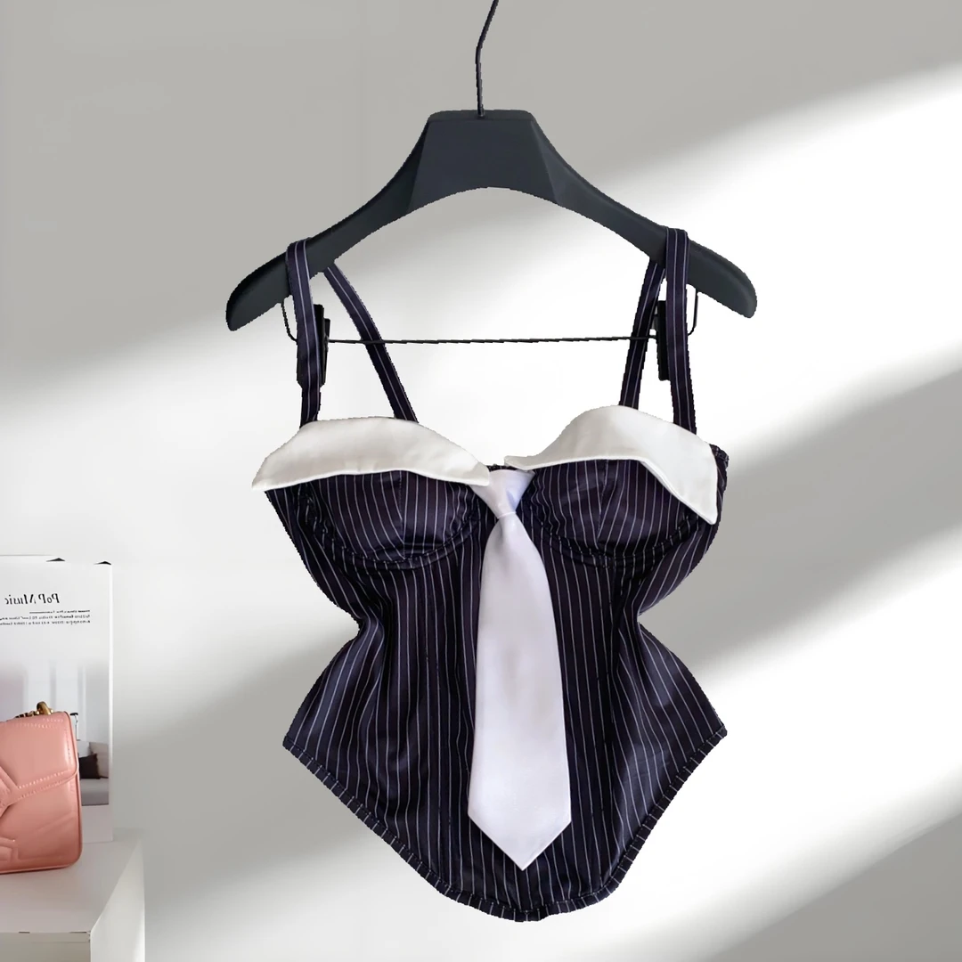 欧美条纹吊带抹胸背心女夏季领带U形下摆修身显瘦小个子辣妹上衣