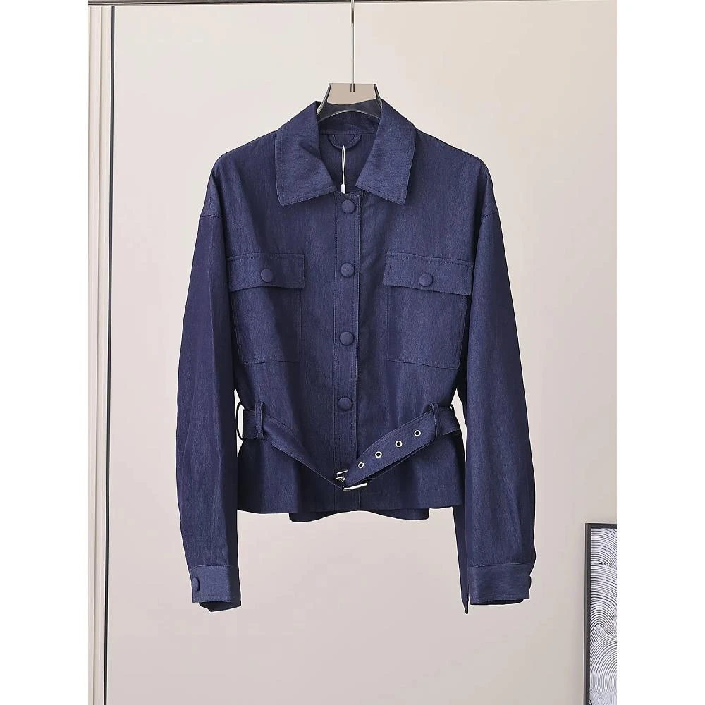 高级感深蓝色衬衫式短款收腰风衣外套女士2025秋新款气质百搭夹克