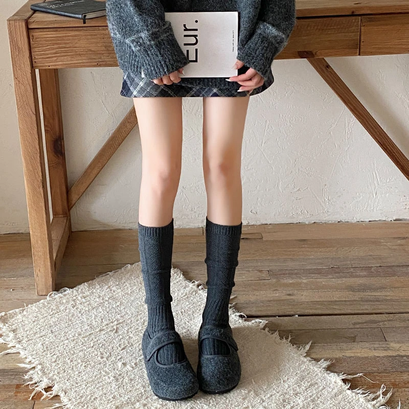 粗线针织高帮堆堆袜韩版灰色格雷系学生小腿袜显瘦菱格竖纹长筒袜