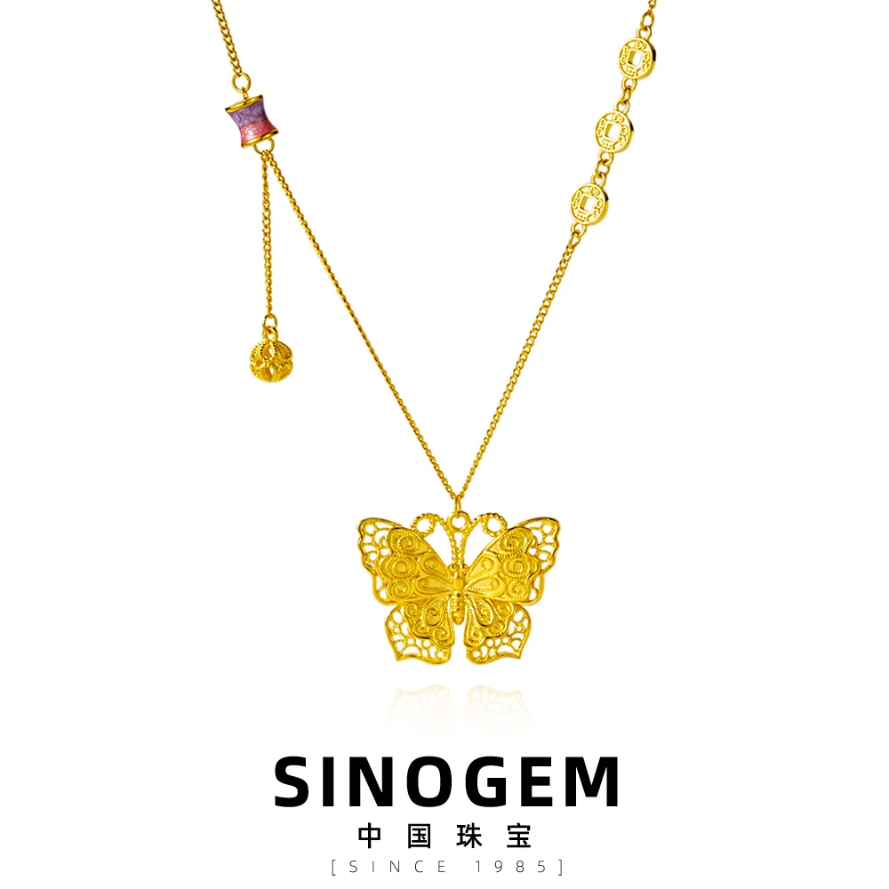 中国珠宝 坠链均925银珐琅 金色花丝蝴蝶项链设计感钱币项链