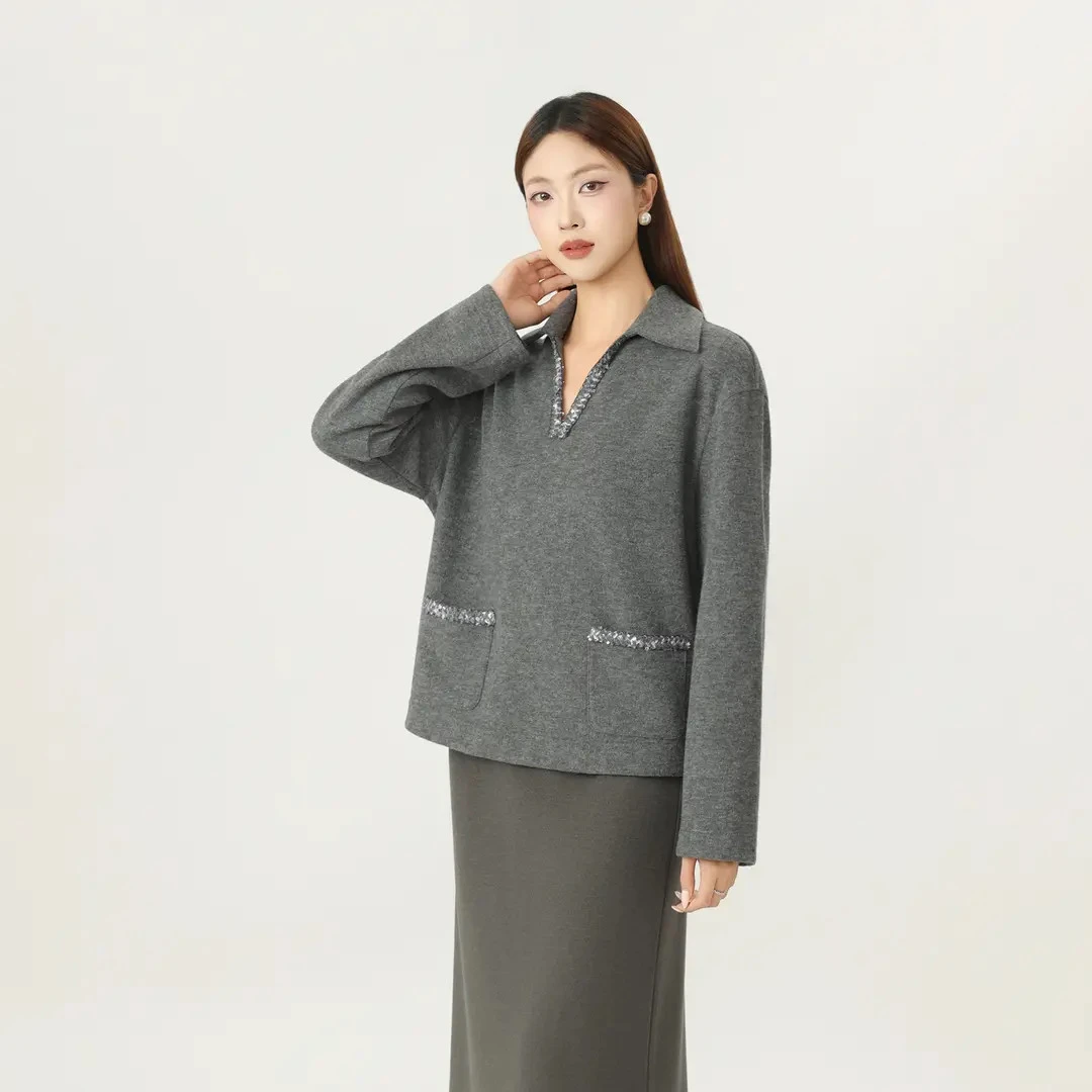 GIRDEAR/哥弟早秋松弛慵懒感小香织带V领百搭套头羊毛衫女130121