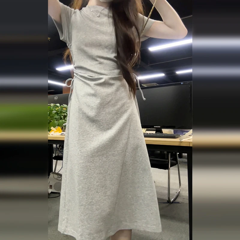 3540法式灰色仙女连衣裙子女2025设计感小众新款收腰显瘦气质长裙