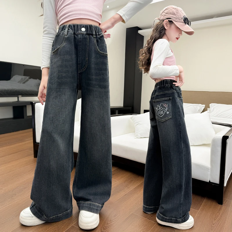 女童裤子春秋2025新款大童宽松直筒阔腿裤洋气韩版儿童休闲牛仔裤