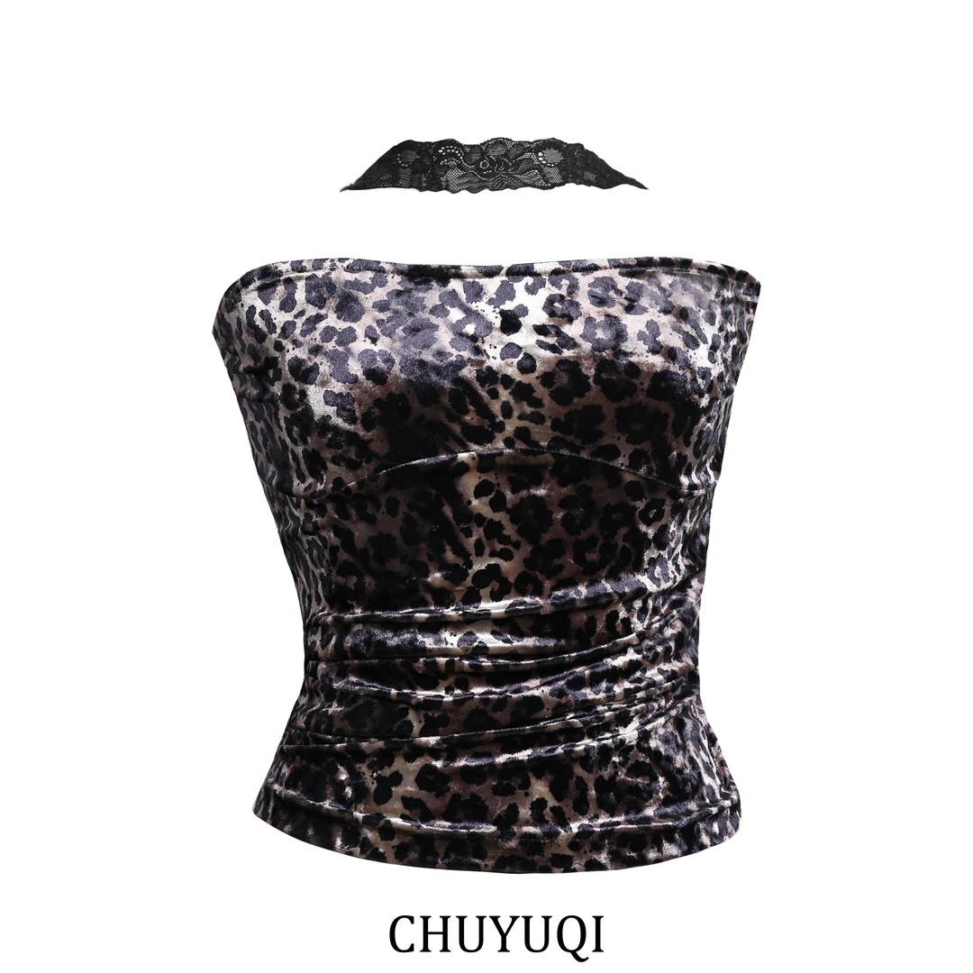 除于七"摩登豹纹"辣妹修身无袖抹胸女新款时尚款吊带背心上衣1966