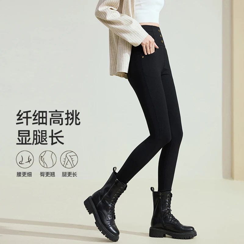 大码女装休闲裤时尚休闲微胖塑性高腰三粒扣显瘦小腿裤春季M2539