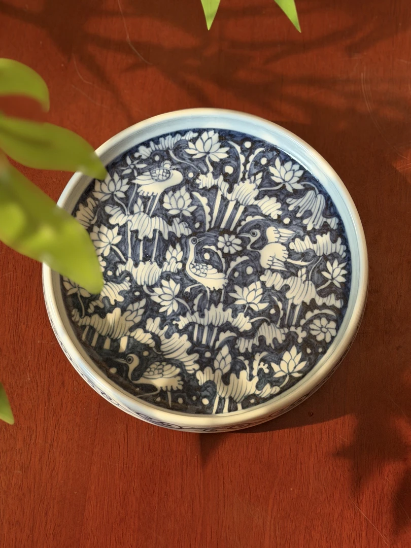 A453【蜕观堂】景德镇手工手绘柴窑青花一鹭莲科满工壶承 直径17.8