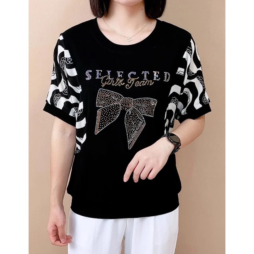 短袖t恤女装2025新款夏装 妈妈款洋气年轻上衣宽松遮肚子烫钻小衫