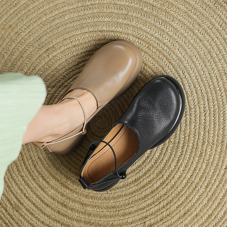 4CM 2025年春秋新款单鞋粗跟圆头百搭休闲真皮复古厚底乐福鞋