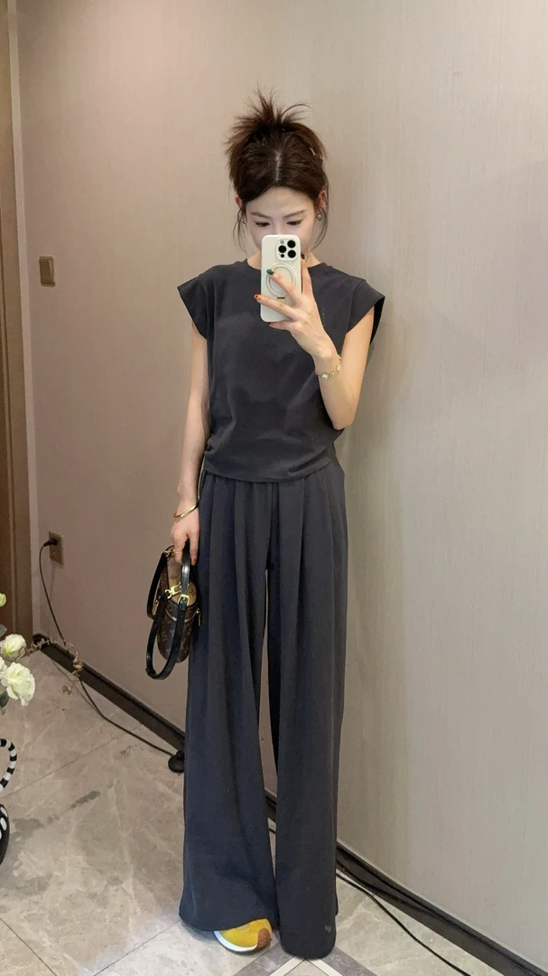 2025夏新款简约圆领小飞袖T恤+休闲阔腿裤套装女