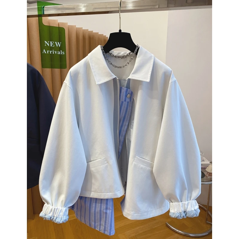 欧货高级感假两件外套女春秋2025新款宽松别致条纹拼接设计感上衣