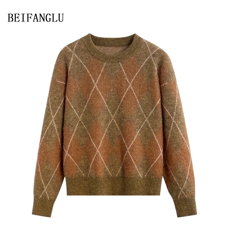 北方鹿 复古菱格画报款羊驼毛2025冬季百搭圆领套头针织毛衣2537
