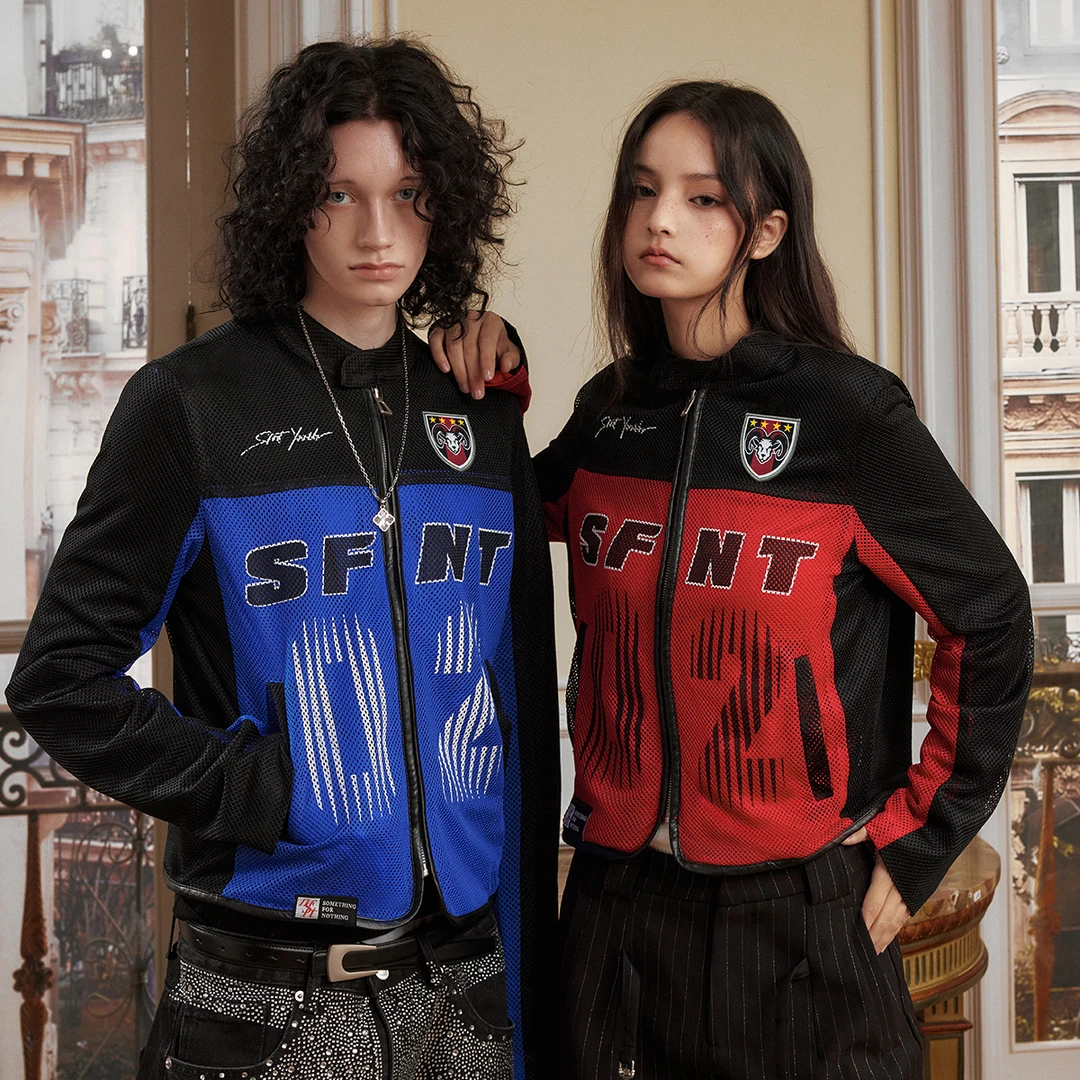 SFNT网面修身短款机车外套厂牌经典LOGO印花山羊头”徽章系列秋款