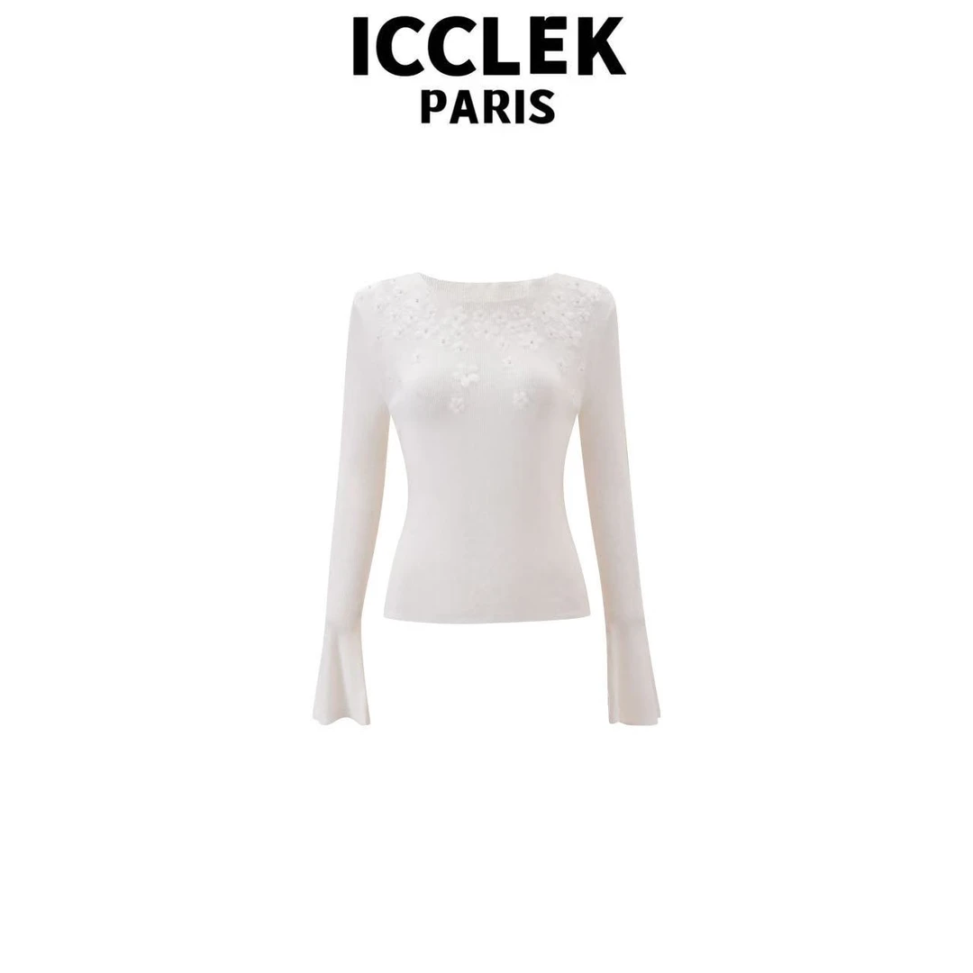 ICCLEK 花朵钉珠针织微喇袖打底名媛气质减龄百搭显瘦上衣 - 9286